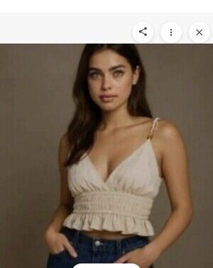 Women’s Cream Smocked Crop Top with Tie Straps